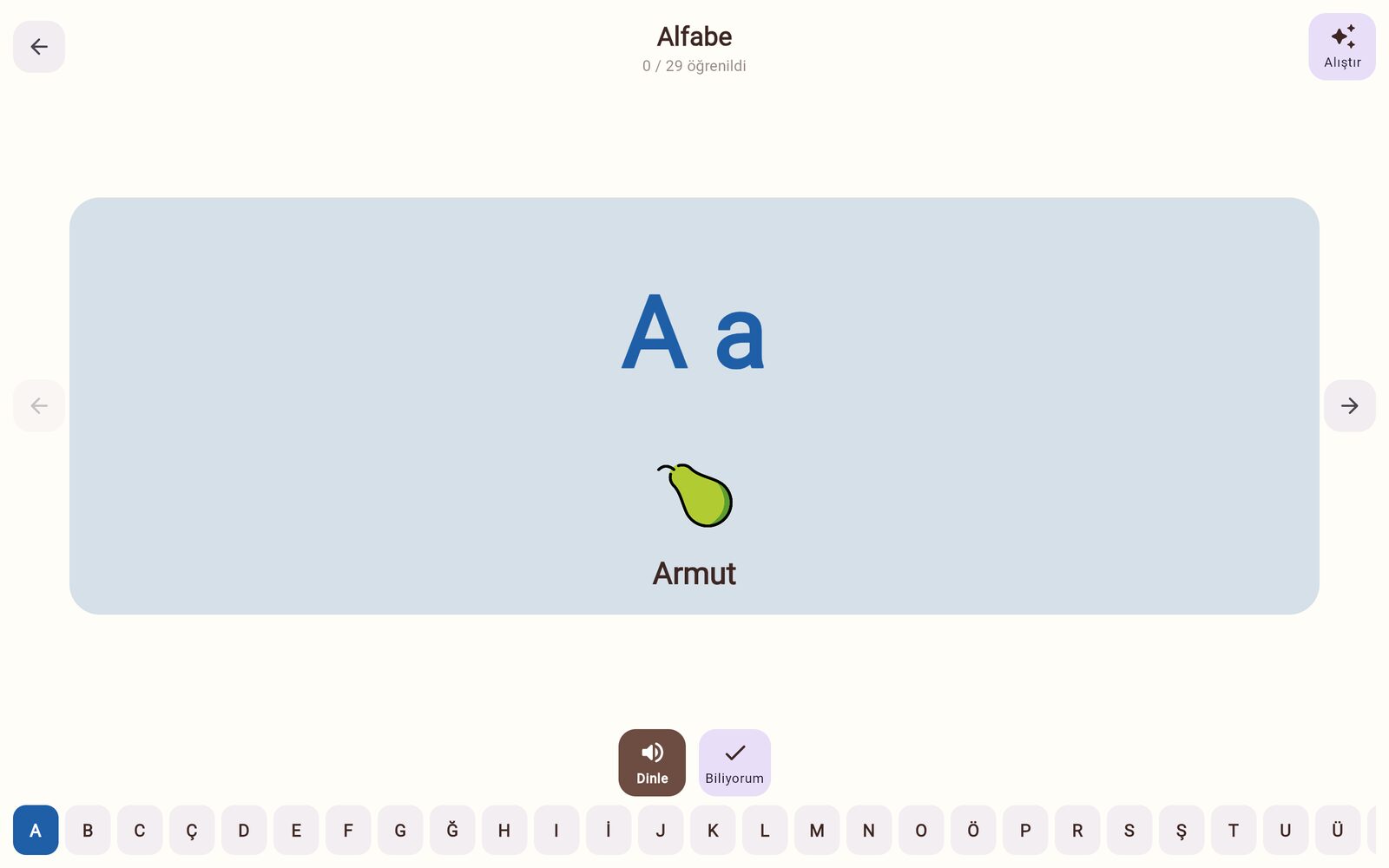 Alphabet: the letter A, its sound and a word that starts with it
