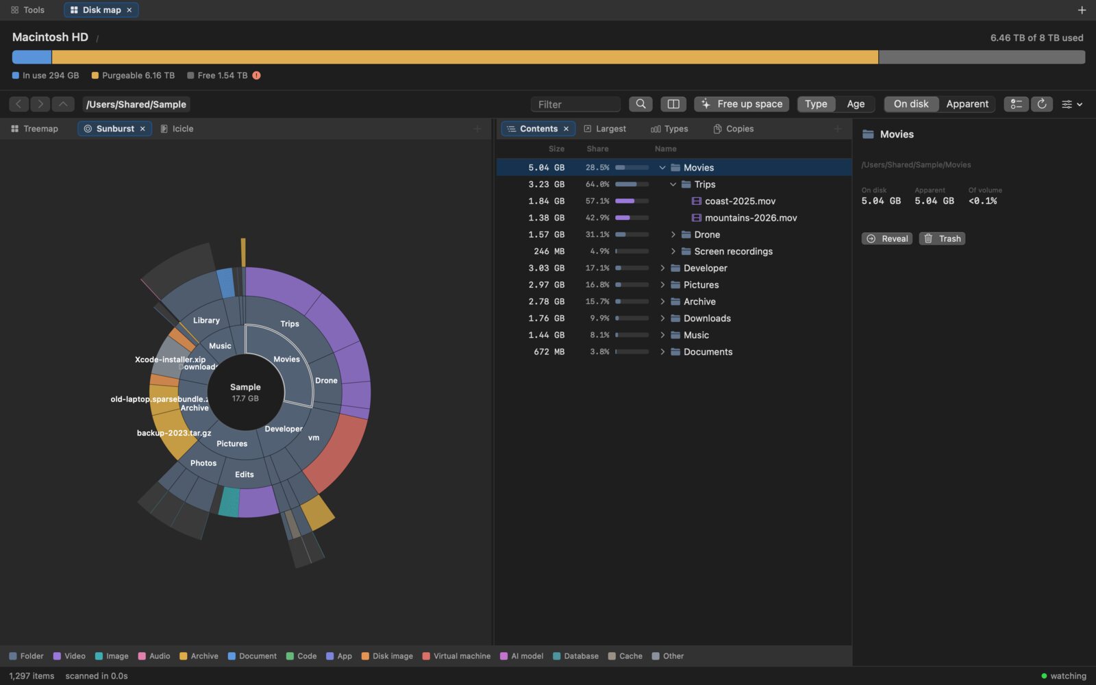 Sunburst in the dark theme: one ring per folder level, arc length proportional to size