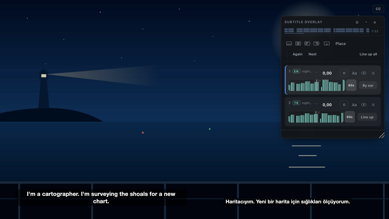 The control panel beside the film: a card for each of the two subtitles, with its offset and a strip showing where its lines fall, and the English and Turkish lines along the bottom