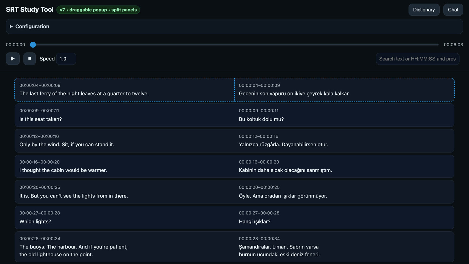 The viewer: a playback bar and rows of timed English lines beside their Turkish translations