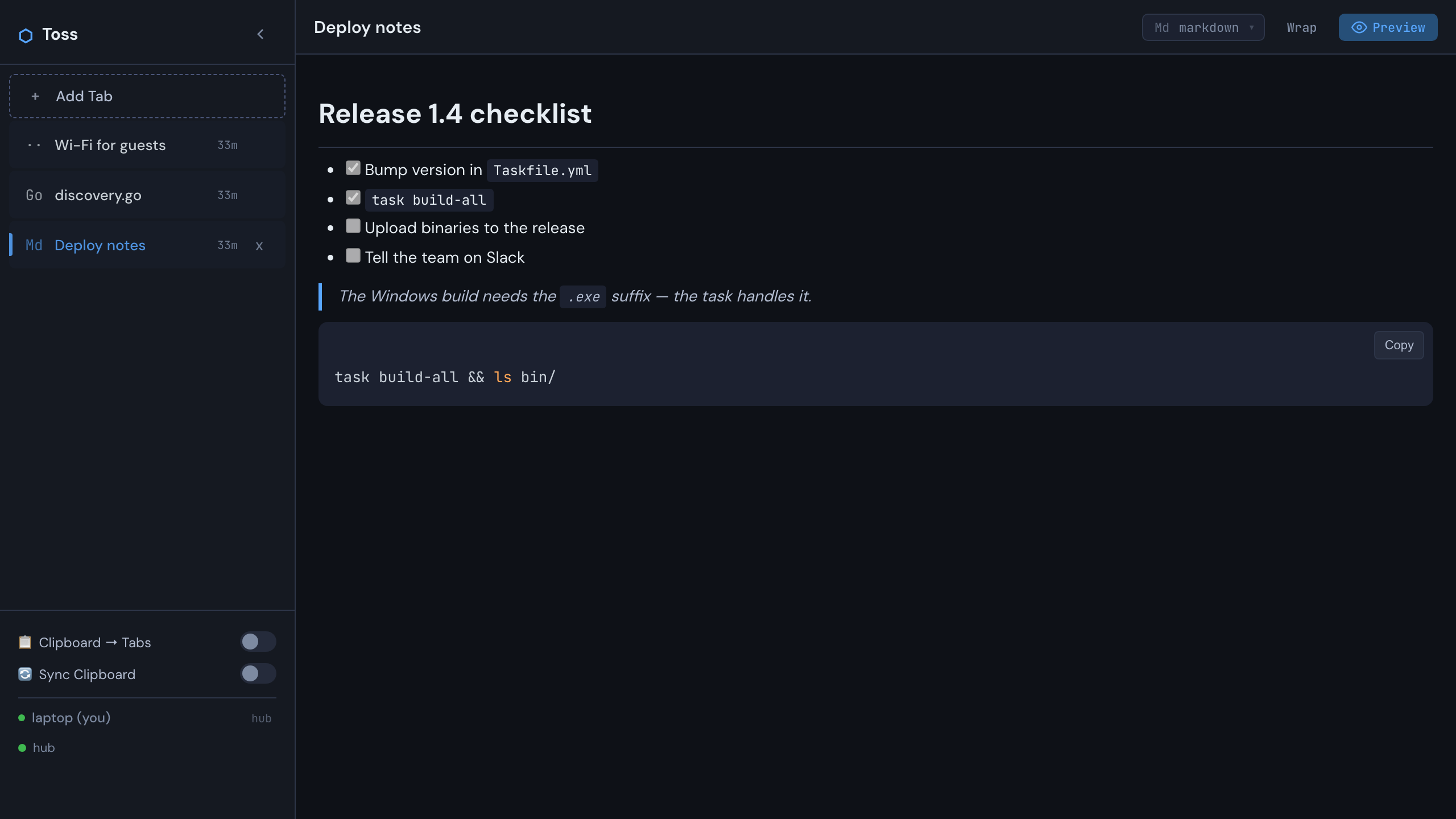 A markdown pane with a checklist, rendered beside the list of panes